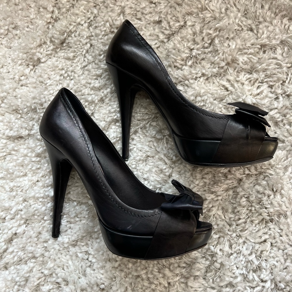 Miu Miu Peep Toe Nappa Bow Washed Platform Heel - image 4